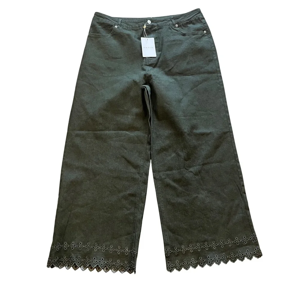 Entro Olive Green Eyelet Hem Wide Leg Jeans Plus Size 1X Scalloped Edge VV1568 - Picture 1 of 9